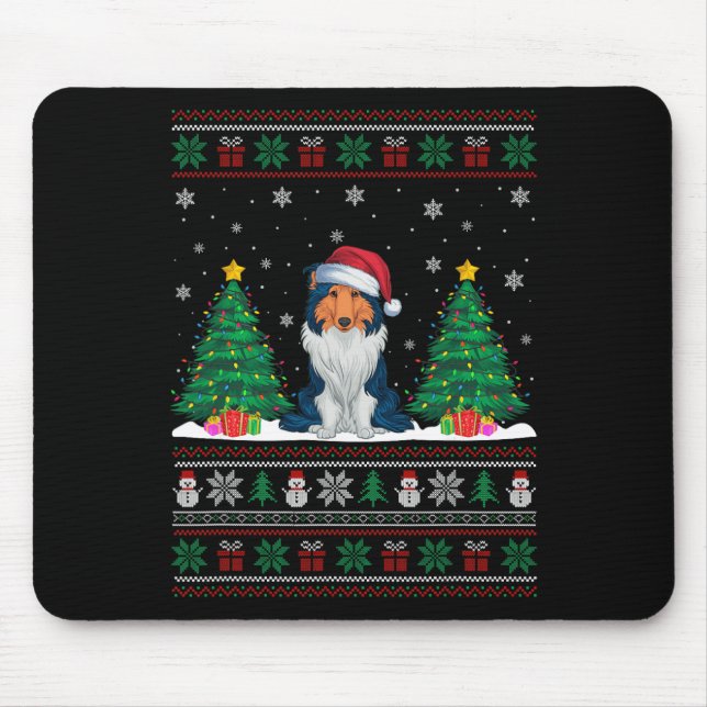Santa Hat Rough Collie Dog Xmas Tree Lights Ugly S Mouse Pad (Front)