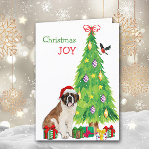 Santa Hat Saint Bernard Dog and Christmas Tree Holiday Card