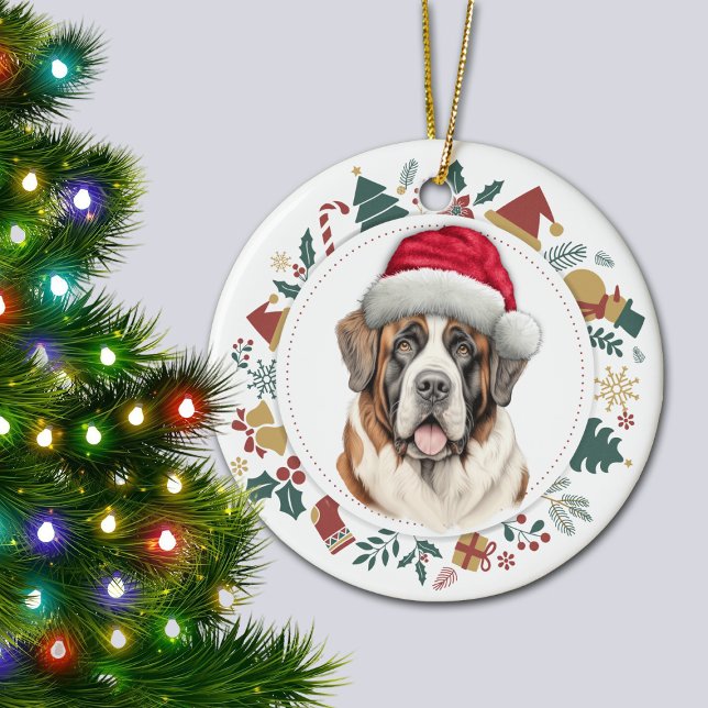 Santa Hat Saint Bernard Dog Christmas Wreath Ceramic Ornament (Creator Uploaded)