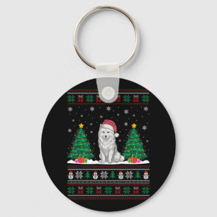 Santa Hat Samoyed Dog Christmas Tree Lights Ugly S Key Ring
