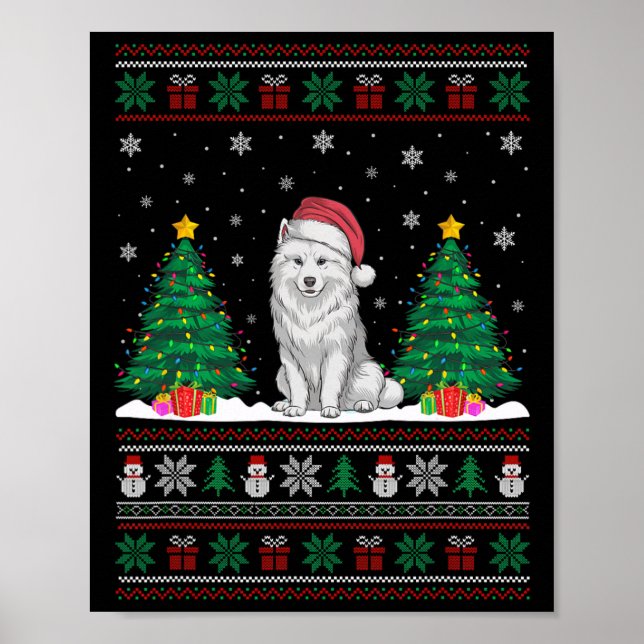 Santa Hat Samoyed Dog Christmas Tree Lights Ugly S Poster (Front)