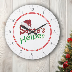 Santa Hat Santa's Helper Red Green Whimsical Large Clock