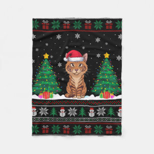 Santa Hat Savannah Cat Christmas Tree Lights Ugly Fleece Blanket