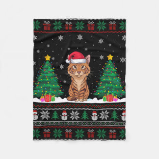 Santa Hat Savannah Cat Christmas Tree Lights Ugly  Fleece Blanket