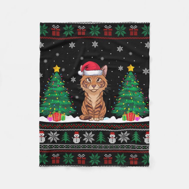 Santa Hat Savannah Cat Christmas Tree Lights Ugly  Fleece Blanket (Front)