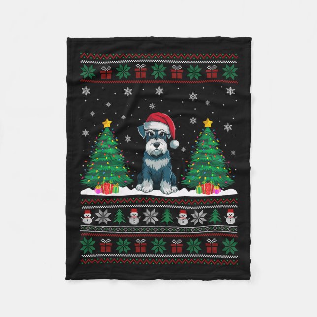 Santa Hat Schnauzer Dog Christmas Tree Lights Ugly Fleece Blanket (Front)