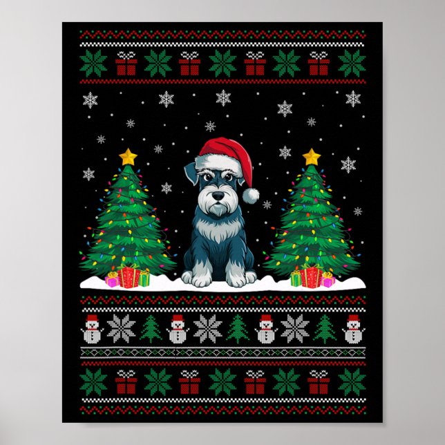 Santa Hat Schnauzer Dog Christmas Tree Lights Ugly Poster (Front)