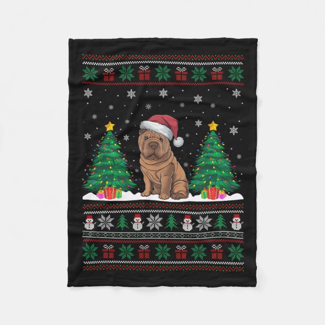 Santa Hat Shar Pei Dog Christmas Tree Lights Ugly  Fleece Blanket (Front)