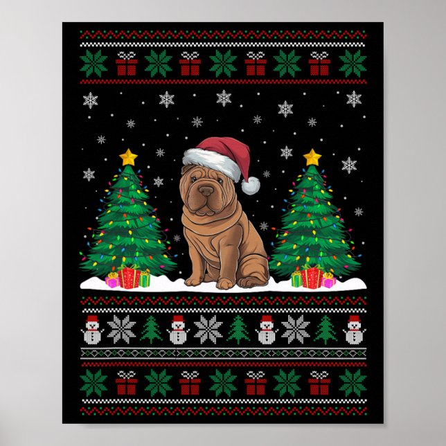 Santa Hat Shar Pei Dog Christmas Tree Lights Ugly  Poster (Front)