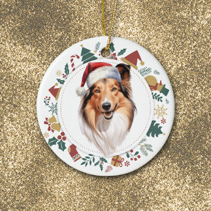 Santa Hat Shetland Sheepdog Christmas Wreath Ceramic Ornament