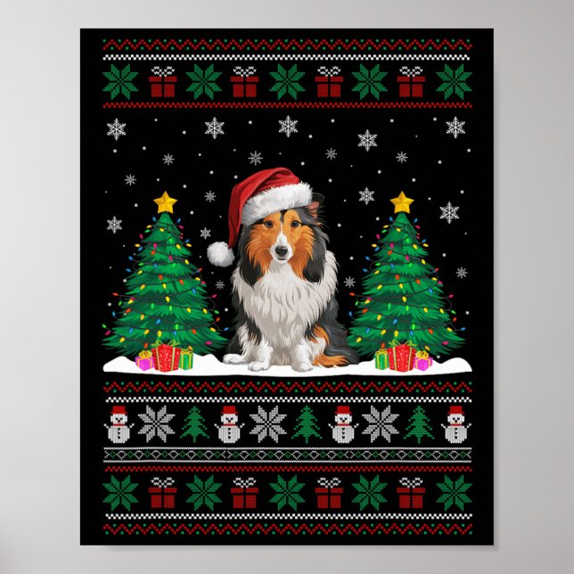 Santa Hat Shetland Sheepdog Dog Xmas Tree Light Ug Poster (Front)