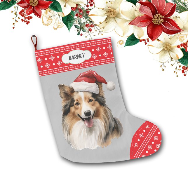 Santa Hat Shetland Sheepdog Snowflake Border Large Christmas Stocking (Creator Uploaded)