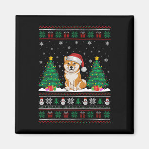 Santa Hat Shiba Inu Dog Christmas Tree Lights Ugly Magnet