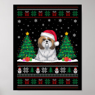 Santa Hat Shih Tzu Dog Christmas Tree Lights Ugly  Poster