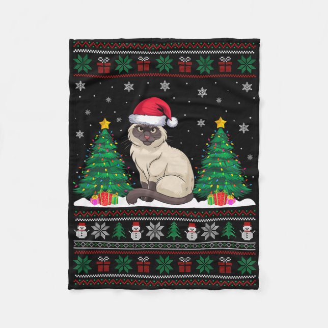 Santa Hat Siamese Cat Christmas Tree Lights Ugly S Fleece Blanket (Front)