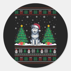 Santa Hat Siberian Husky Dog Xmas Tree Lights Ugly Classic Round Sticker