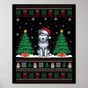 Santa Hat Siberian Husky Dog Xmas Tree Lights Ugly Poster