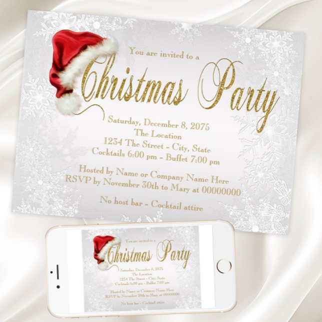 Santa Hat Silver Snowflake Christmas Party Invitation (Santa hat snowflake Christmas party invitation. Instant download and printed invitations available.)