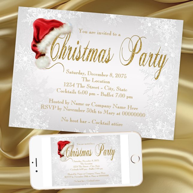 Santa Hat Silver Snowflake Christmas Party Invitation (Santa hat snowflake Christmas party invitation. Instant download and printed invitations available.)