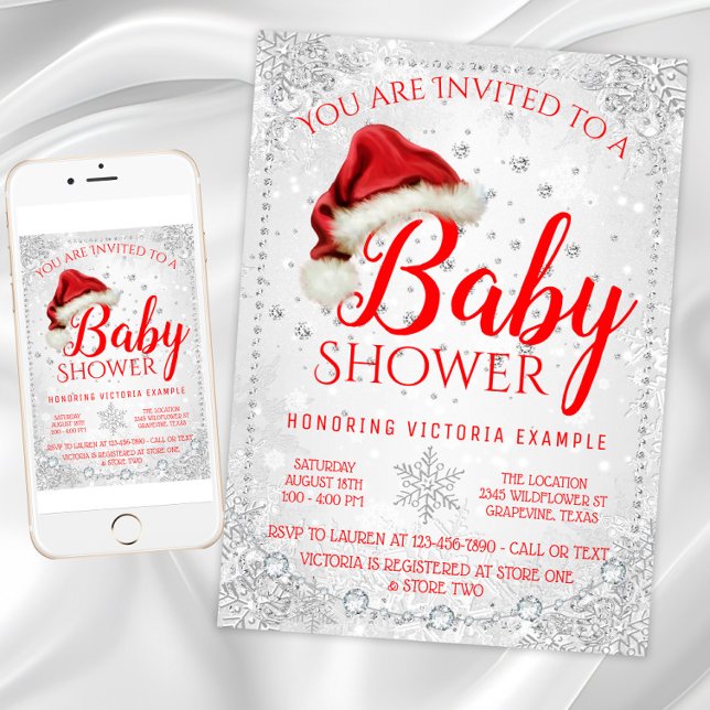 Santa Hat Snowflake Christmas Baby Shower Invitation (Christmas baby shower invitation with Santa hat and snowflakes. Digital download and printed.)
