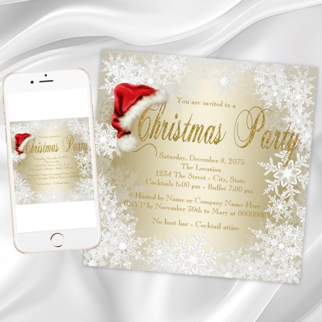 Santa Hat Snowflake Christmas Party Invitation (Gold snowflake Santa hat Christmas party invitation. Available for instant download and printed.)