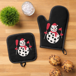 Santa Hat Snowman Family Xmas Matching Pickleball Oven Mitt & Pot Holder Set