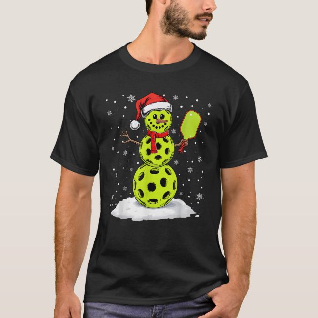 Santa Hat Snowman Xmas Funny Pickleball Lover Chri T-Shirt (Front)