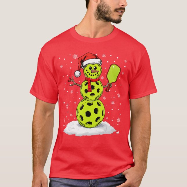 Santa Hat Snowman Xmas Funny Pickleball Lover Chri T-Shirt (Front)