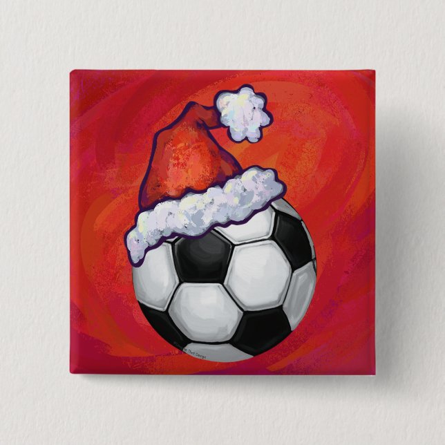Santa Hat Soccer Ball on Red 15 Cm Square Badge (Front)
