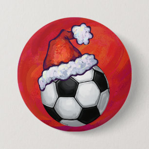 Santa Hat Soccer Ball on Red 7.5 Cm Round Badge