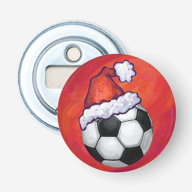 Santa Hat Soccer Ball on Red Bottle Opener (Front)
