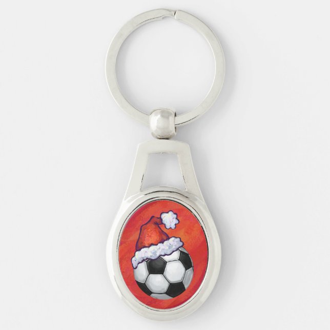 Santa Hat Soccer Ball on Red Key Ring (Front)