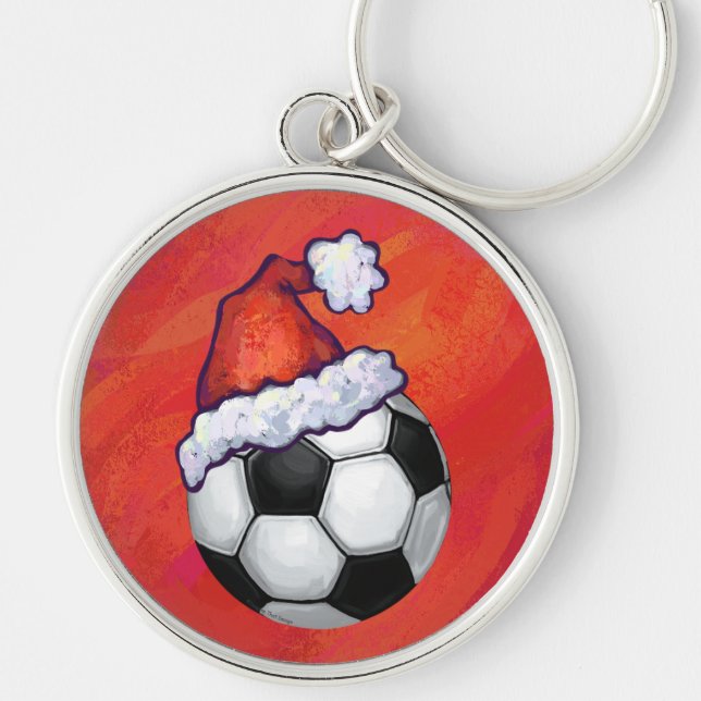 Santa Hat Soccer Ball on Red Key Ring (Front)