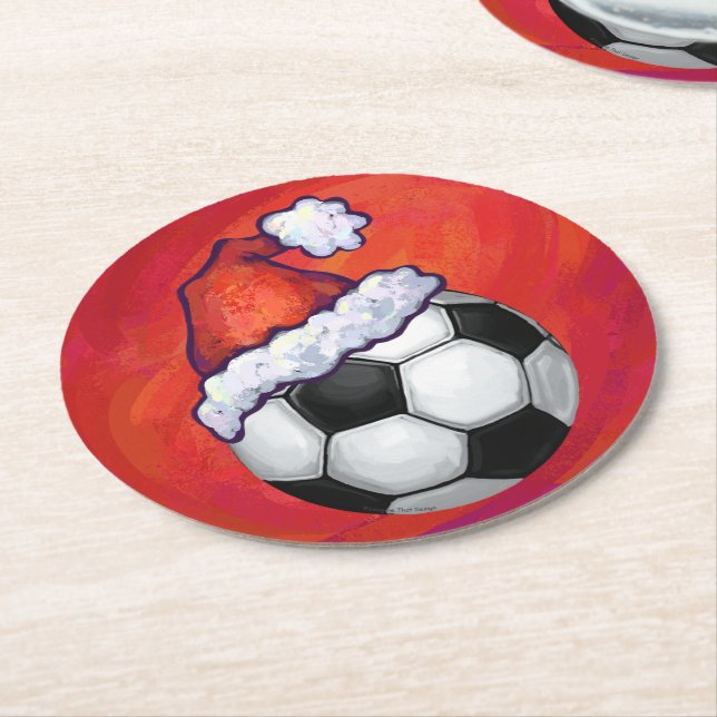 Santa Hat Soccer Ball on Red Round Paper Coaster (Angled)