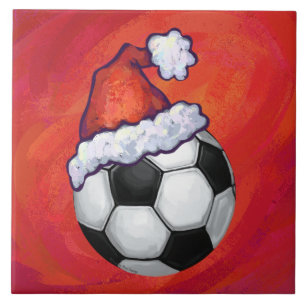 Santa Hat Soccer Ball on Red Tile