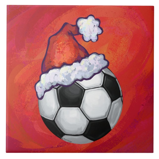 Santa Hat Soccer Ball on Red Tile (Front)