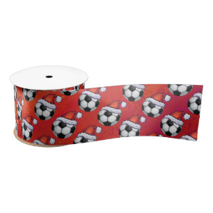 Santa Hat Soccer Ball Pattern on Red Satin Ribbon