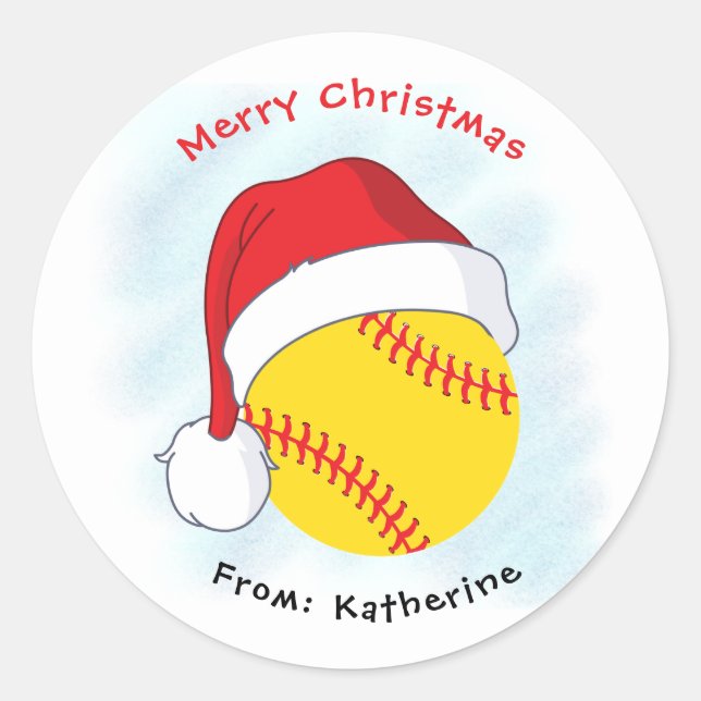 Santa Hat Softball Merry Christmas  Classic Round Sticker (Front)