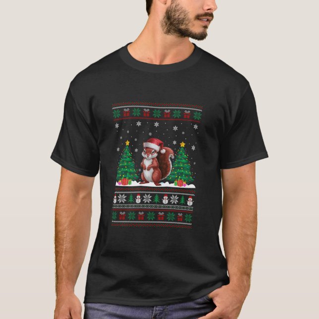 Santa Hat Squirrel Christmas Tree Lights Ugly Swea T-Shirt (Front)