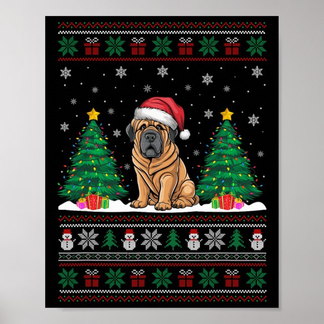 Santa Hat Tibetan Mastiff Dog Xmas Tree Lights Ugl Poster (Front)