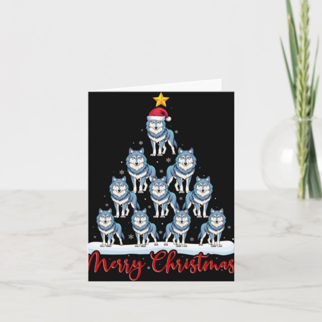 Santa Hat Ugly Xmas Funny Wolf Christmas Tree  Card (Front)