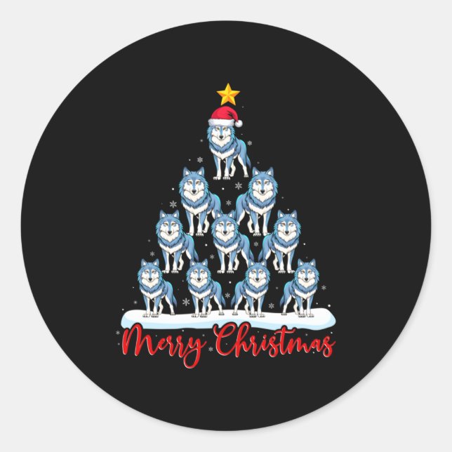 Santa Hat Ugly Xmas Funny Wolf Christmas Tree  Classic Round Sticker (Front)