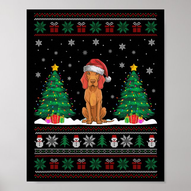 Santa Hat Vizsla Dog Christmas Tree Lights Ugly Sw Poster (Front)