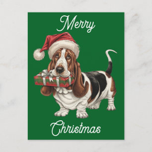 santa hat wearing basset hound personalised holiday postcard