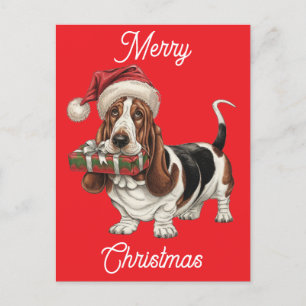 santa hat wearing basset hound personalised holiday postcard
