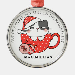 Santa Hat-Wearing Cat Inside a Mug  Metal Ornament