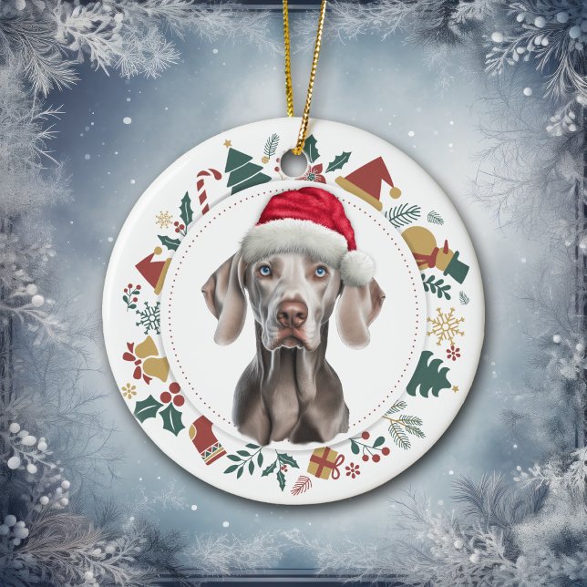 Santa Hat Weimaraner Christmas Images Wreath Ceramic Ornament (Creator Uploaded)