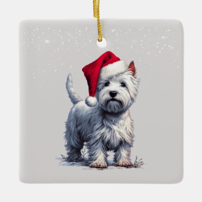 Santa hat Westie in the snow ornament (Front)