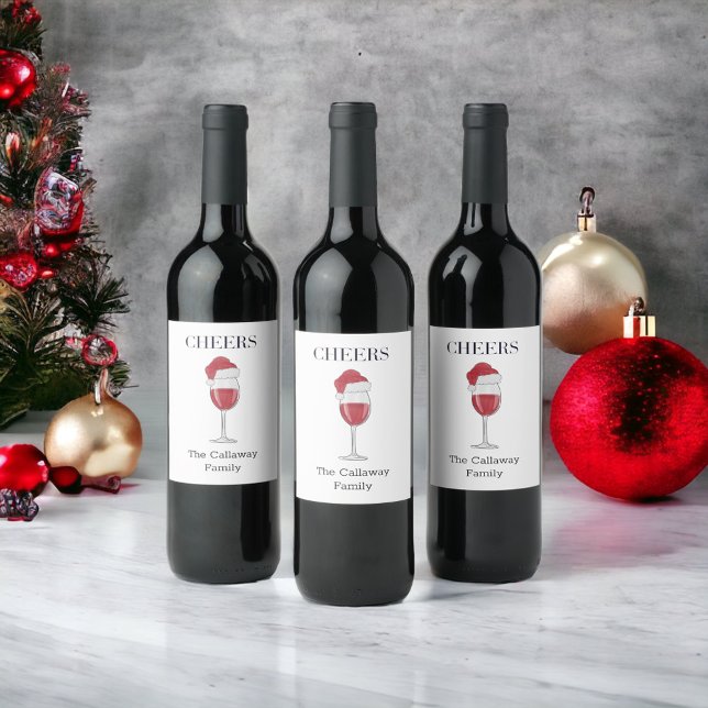 Santa Hat Wine Glass Cheers Personalised Holiday  Wine Label (Creator Uploaded)