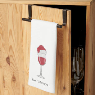 Santa Hat Wine Glass Personalised Christmas Tea Towel